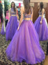A Line Two Piece High Neck Sweep Train Tulle Prom Dress with Beading Open Back LBQ2541